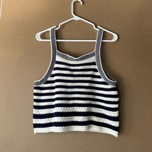 Striped Knit Crop Top Sleeveless Sweater Tank Blue and‎ White